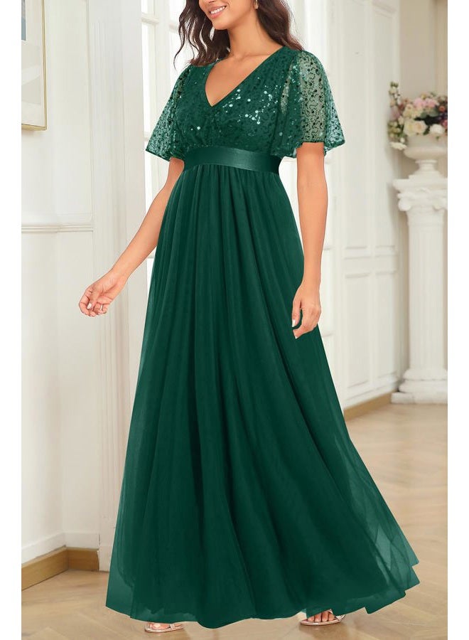 Talisea Formal Dresses for Women Prom Evening Gown Sequin Tulle V Neck Ruffle Short Sleeve Empire Waist A Line Long Dress, Dark Green, L - Image 2