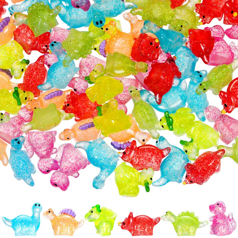 Poen 96 Pcs Glitter Mini Dinosaur Figures Resin Tiny Small Dinosaur Toys Garden Realistic Miniature Figurines for Bag Cake Topper Birthday Party Favors