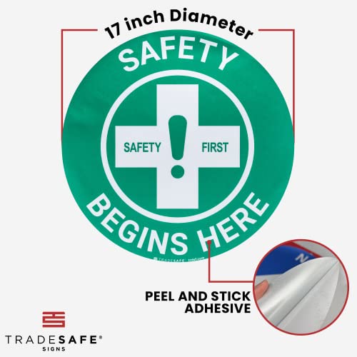 TRADESAFE Safety First Anti-Slip Floor Sticker - Safety Begins Here Floor Sign, Peel and Stick Adhesive Vinyl Sign, ANSI-Compliant, 17” Diameter Round Sticker - Image 3