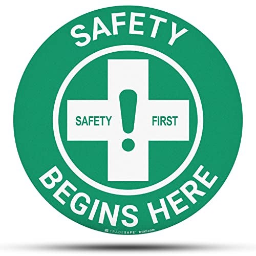 TRADESAFE Safety First Anti-Slip Floor Sticker - Safety Begins Here Floor Sign, Peel and Stick Adhesive Vinyl Sign, ANSI-Compliant, 17” Diameter Round Sticker - Image 1