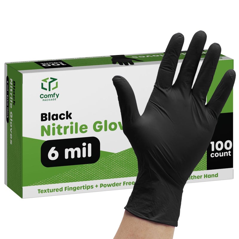 Comfy Package Black Nitrile Gloves [100 Count] 6 Mil, HEAVY DUTY Disposable Gloves for Food Prep, Cooking, Tattoo, Cleaning - Latex-Free, Powder-Free, Textured Fingertips - Medium - Image 1