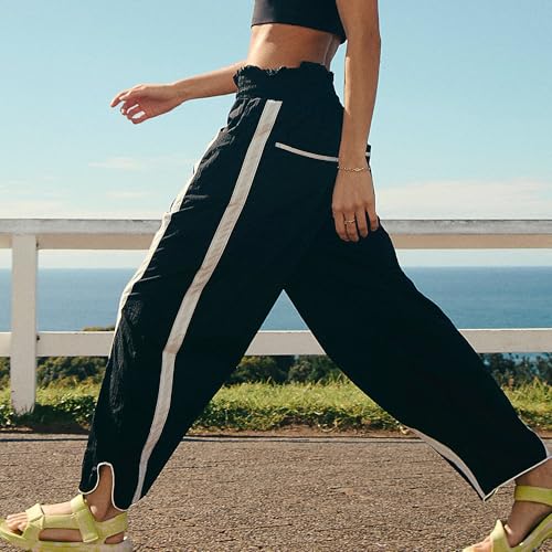 SeeLuNa Causal Wide Leg Pants Woman Drawstring Elastic Waist High Rise Strip Flowy Long Lounge Trousers Baggy Track Pants(Black,M) - Image 5