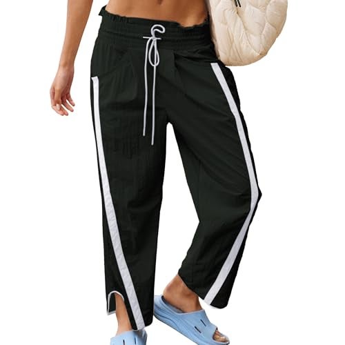 SeeLuNa Causal Wide Leg Pants Woman Drawstring Elastic Waist High Rise Strip Flowy Long Lounge Trousers Baggy Track Pants(Black,M) - Image 1