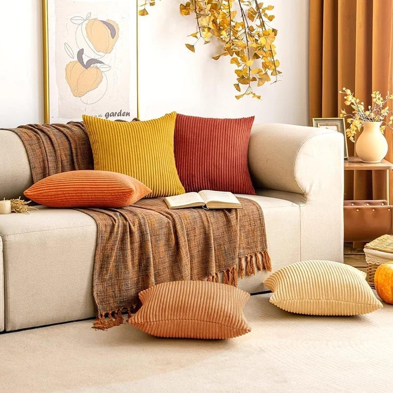 Guffaw / Corduroy/Stripped/Luxury 340 TC Cushion Covers Standard Size 16"X16" Inches (Mustard, 5) - Image 5