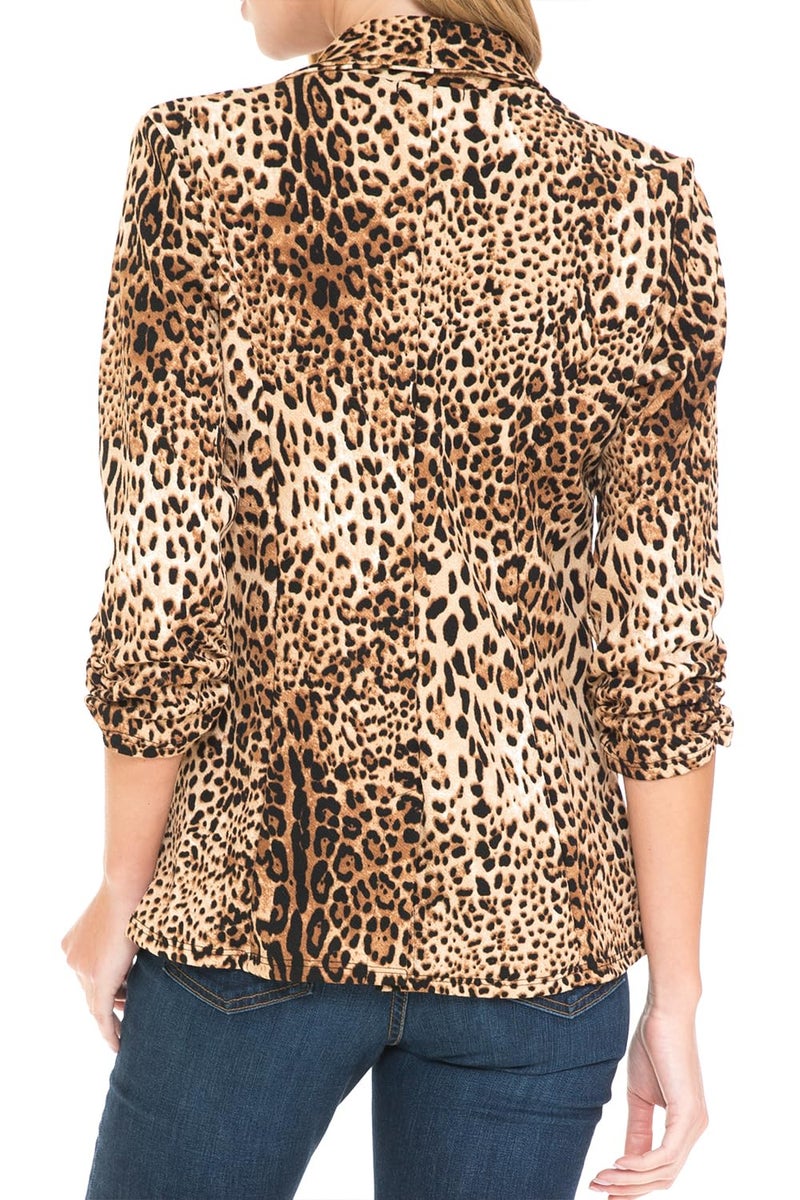MINEFREE Women's 3/4 Ruched Sleeve Lightweight Work Office Blazer Jacket Leopard ANIMALBROWN 1XL - Image 4