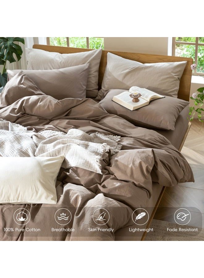 MooMee Bedding Duvet Cover Set 100% Washed Cotton Linen Like Textured Breathable Durable Soft Comfy (Solid Brown, Palatial King/Oversized King 120"x98") - Image 4