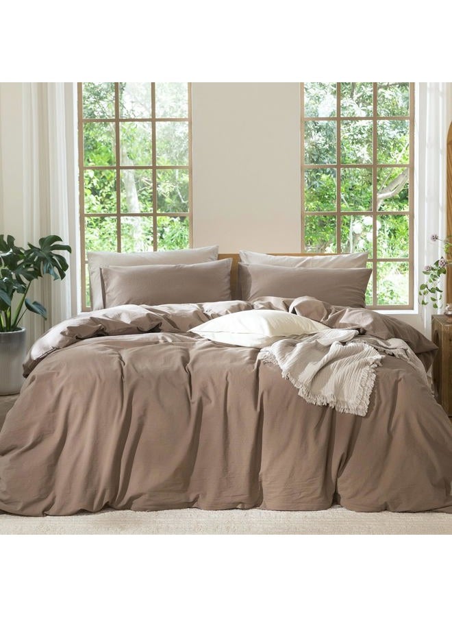 MooMee Bedding Duvet Cover Set 100% Washed Cotton Linen Like Textured Breathable Durable Soft Comfy (Solid Brown, Palatial King/Oversized King 120"x98") - Image 1