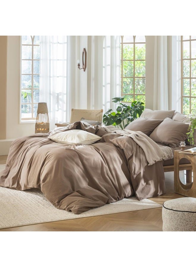 MooMee Bedding Duvet Cover Set 100% Washed Cotton Linen Like Textured Breathable Durable Soft Comfy (Solid Brown, Palatial King/Oversized King 120"x98") - Image 3