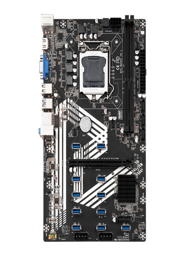 تدعم اللوحة الأم BTC-B250S معالجات Intel Core/Pentium/Celeron من الجيل السادس/السابع/الثامن بمقبس LGA1151، وتحتوي على منفذ VGA مدمج ومنفذ قرص صلب، بالإضافة إلى منفذ PCI-E 16X واحد و11 منفذ USB 3.0. - Image 1