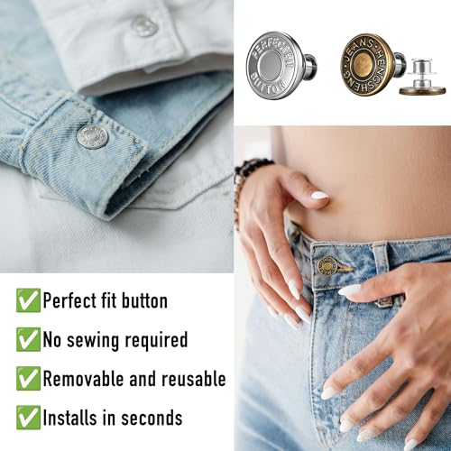 Ucheom 14 Sets Button Pins for Loose Jeans - No Sew, No Tools Needed! Pants Button Tightener for Waist, Reusable & Adjustable Metal Pants Buttons Kit - Image 3