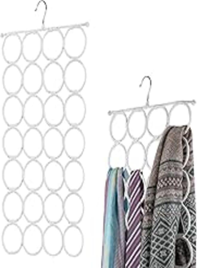 Flexzion Scarf Hanger Holder - (2 Pack, White) 28 Count Circles/Ring Slots Multifunctional Hanging Rack, Home Organizer, for Socks Scarf Ties Belt Mufflers Shawl/Door Closet Organization