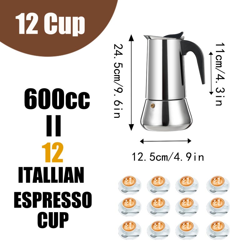 DITOSH 12 Cup Stovetop Espresso Maker Stainless Steel Moka Pot Stove Top Percolator Italian Coffee Makers Capable Mocha Greca Machine Cafe Classic Induction Cookers for Home and Camping 600ml 20oz - Image 3