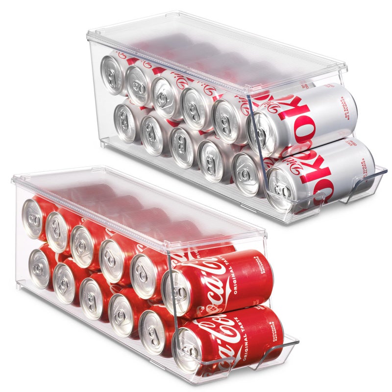 Set of 2 Stackable Refrigerator Organizer Bins Pop Soda Can Dispenser Beverage Holder for Fridge Freezer Kitchen Countertops Cabinets Clear Plastic Canned Food Pantry Storage Rack Holds 12 Cans