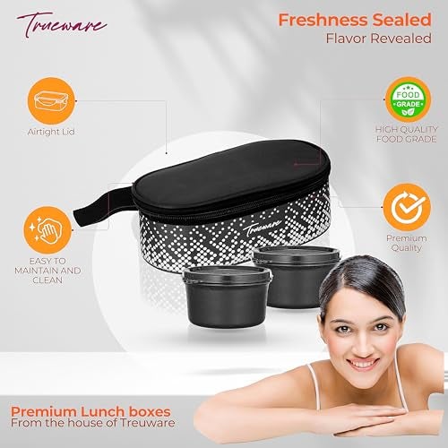Trueware Omaga Lunch Box with Insulated Fabric Jacket, 2 Microwave Safe & Leak Proof Inner Stainless Steel Containers 400ml Each Tiffin for Office, College - Image 2