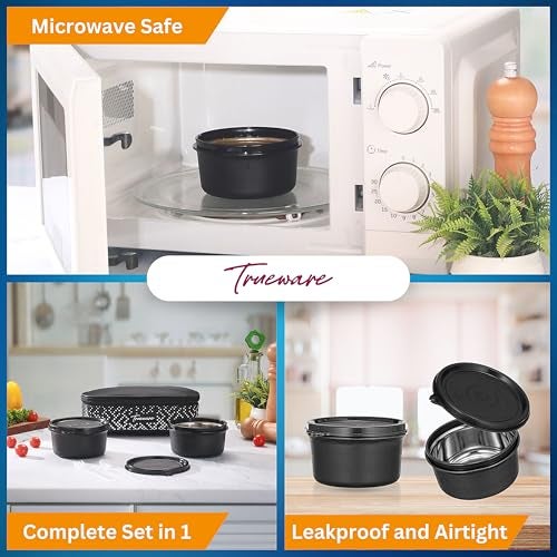 Trueware Omaga Lunch Box with Insulated Fabric Jacket, 2 Microwave Safe & Leak Proof Inner Stainless Steel Containers 400ml Each Tiffin for Office, College - Image 3