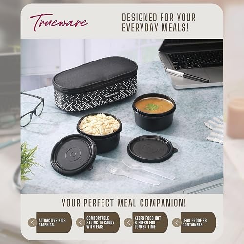 Trueware Omaga Lunch Box with Insulated Fabric Jacket, 2 Microwave Safe & Leak Proof Inner Stainless Steel Containers 400ml Each Tiffin for Office, College - Image 5