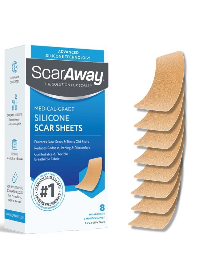 scaraway شرائح سكارووي المتقدمة لعلاج الندبات من السيليكون، شرائح سيليكون طبية (1.5" × 3") لعلاج ومنع الندبات الجراحية، والحروق، والجسم، والندبات الضخامية والكيلويد، 8 شرائح قابلة لإعادة الاستخدام باللون تان - Image 1