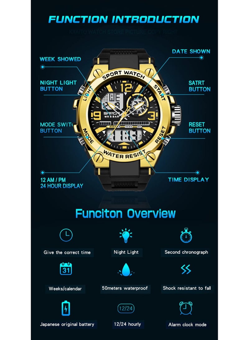 ساندا ساعة ساندا للرجال رياضية خارجية مقاومة للماء وتاريخ وتكتيكات متعددة الوظائف ومنبه LED وساعة توقيت - Image 5