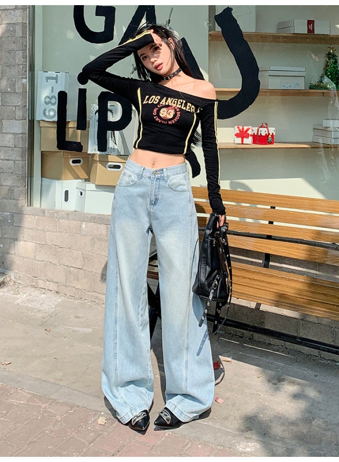 Beautiful Vintage Lyocell Tencel Wide Leg Denim Women's Spring New Loose Dipped High Waist Slimming Mop Pants - Image 1
