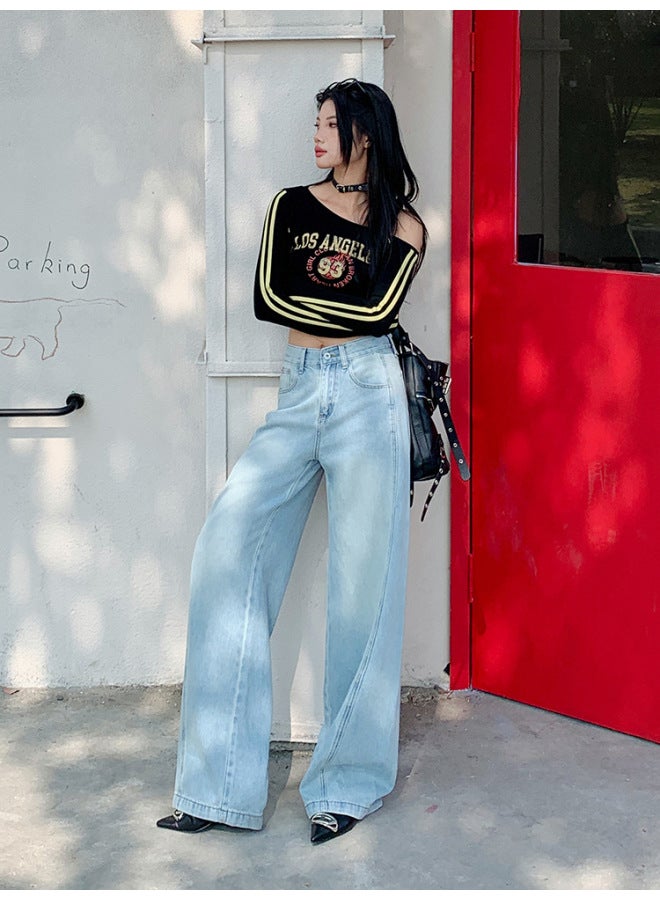 Beautiful Vintage Lyocell Tencel Wide Leg Denim Women's Spring New Loose Dipped High Waist Slimming Mop Pants - Image 4