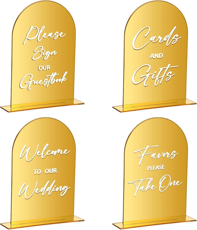 Woanger 4 Pcs Arch Acrylic Wedding Signs for Reception with Stand Gold Wedding Welcome Signs Gifts and Cards with Holder Arched Round Top 4 x 6 for Tables - Image 2