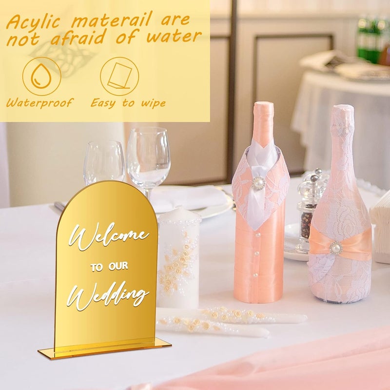 Woanger 4 Pcs Arch Acrylic Wedding Signs for Reception with Stand Gold Wedding Welcome Signs Gifts and Cards with Holder Arched Round Top 4 x 6 for Tables - Image 4