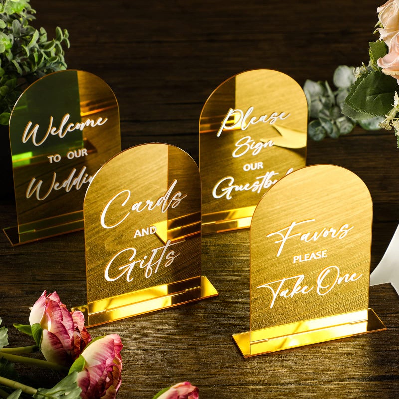 Woanger 4 Pcs Arch Acrylic Wedding Signs for Reception with Stand Gold Wedding Welcome Signs Gifts and Cards with Holder Arched Round Top 4 x 6 for Tables - Image 1