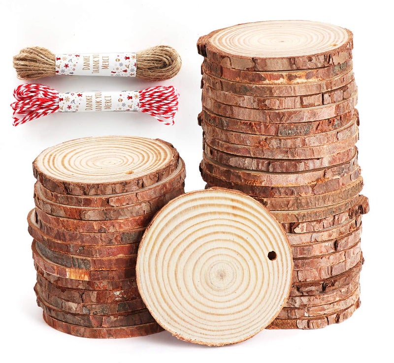 50Pcs Wood Slices 2428 Unfinished Natural Wood Rounds with Predrilled Hole and 66Feet Twine String Wood Slices for Wood Burning Painting DIY Crafts Christmas Ornaments Party Wedding Decor
