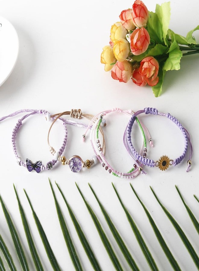 DS 4PCS String beads Charm Bracelets for Teen Girls Dainty cute cartoon Butterfly Daisy Eternal flower Beads Bracelets set for woman and girls Adjustable Stretch birthday Gift For Friends Color-8 - Image 5