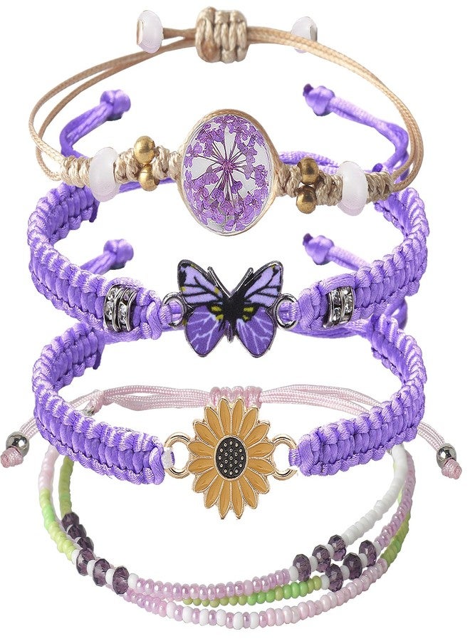 DS 4PCS String beads Charm Bracelets for Teen Girls Dainty cute cartoon Butterfly Daisy Eternal flower Beads Bracelets set for woman and girls Adjustable Stretch birthday Gift For Friends Color-8 - Image 1