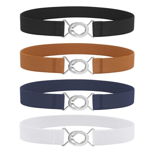 WERFORU 4 Pack Women Skinny Elastic Waist Belt Stretchy Thin Belt for Dress Jeans?Black+Brown+White+Blue, Fit Waist Size 29-34 Inches - Image 1