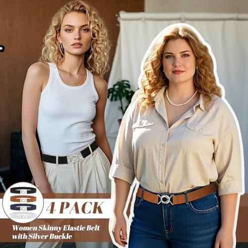 WERFORU 4 Pack Women Skinny Elastic Waist Belt Stretchy Thin Belt for Dress Jeans?Black+Brown+White+Blue, Fit Waist Size 29-34 Inches - Image 2