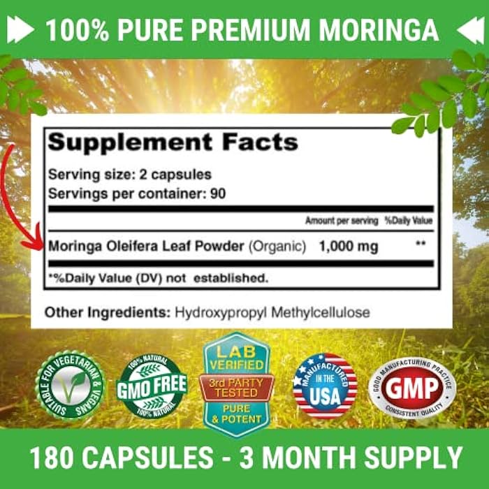 FRESH HEALTHCARE Moringa Capsules – 100% Pure Leaf Powder - 180 Pills, Non-GMO - 3 Month Supply - Complete Green Superfood for Energy, Skin, Immune & Gut Health Support - Image 3