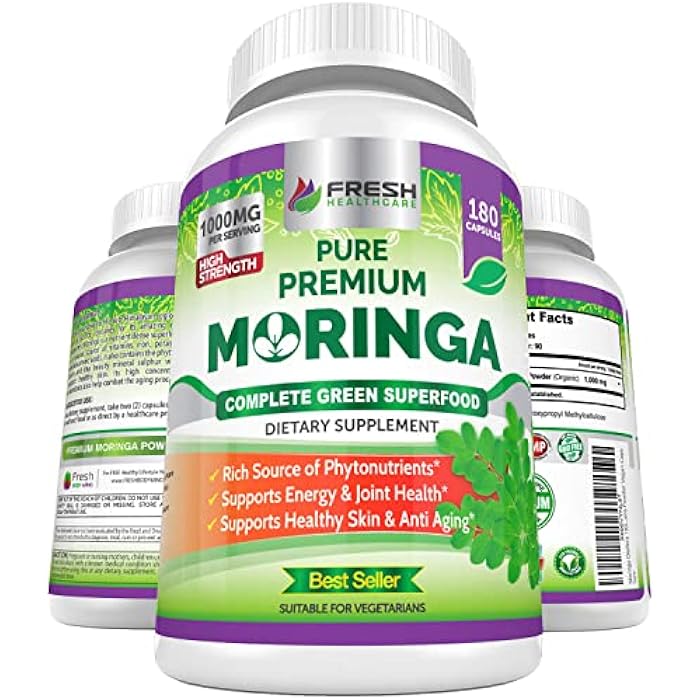 FRESH HEALTHCARE Moringa Capsules – 100% Pure Leaf Powder - 180 Pills, Non-GMO - 3 Month Supply - Complete Green Superfood for Energy, Skin, Immune & Gut Health Support - Image 1