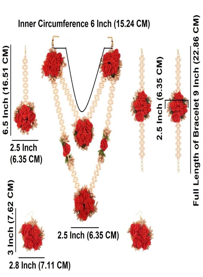 Efulgenz Indian Haldi Jewellery Set Flower Floral Handcrafted Indian Jewelry Set Flower Jewelry Set Strand Necklace Red Flower Hook Earrings Maang Tikka Bracelet Set - Image 3
