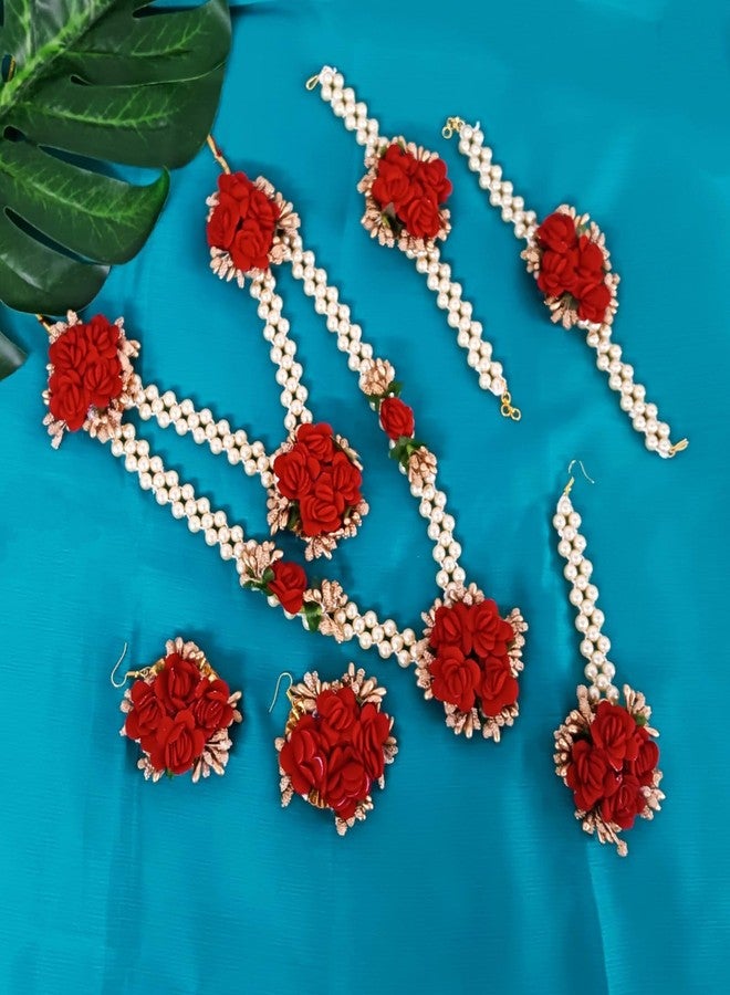 Efulgenz Indian Haldi Jewellery Set Flower Floral Handcrafted Indian Jewelry Set Flower Jewelry Set Strand Necklace Red Flower Hook Earrings Maang Tikka Bracelet Set - Image 2