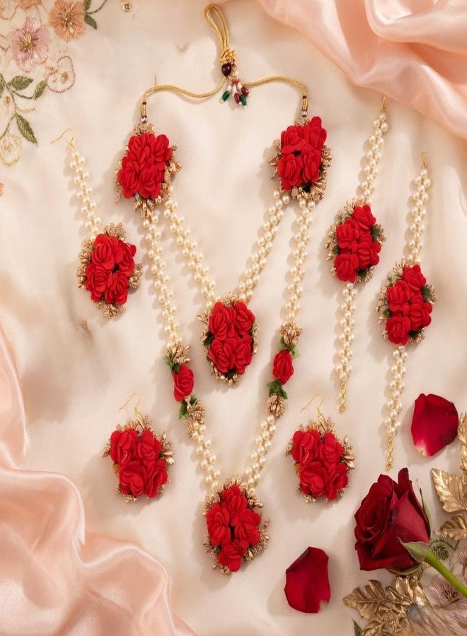 Efulgenz Indian Haldi Jewellery Set Flower Floral Handcrafted Indian Jewelry Set Flower Jewelry Set Strand Necklace Red Flower Hook Earrings Maang Tikka Bracelet Set - Image 4