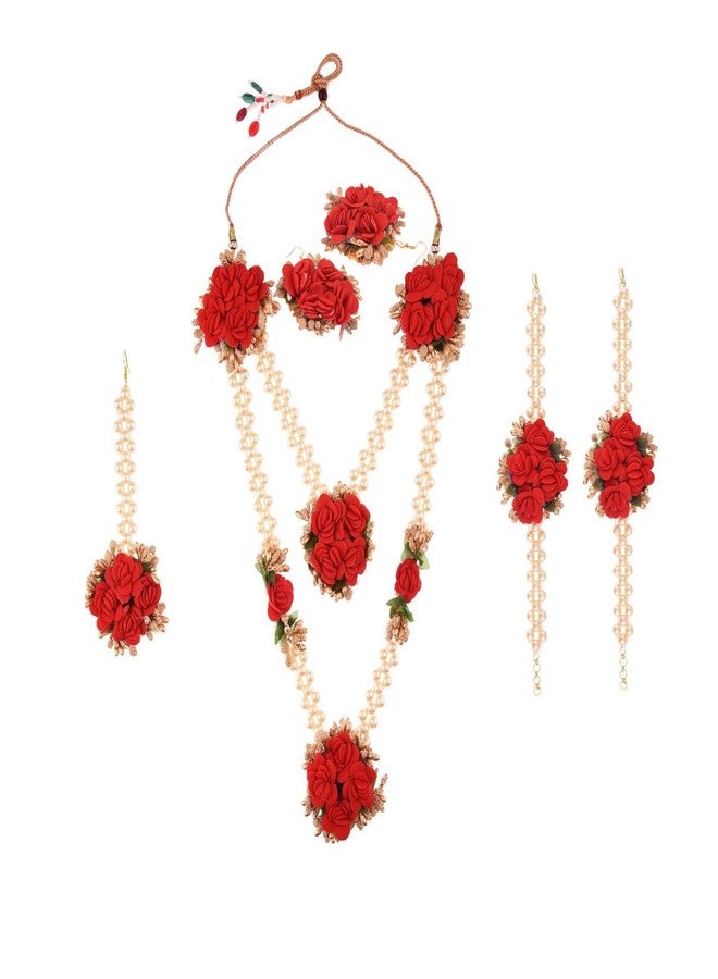 Efulgenz Indian Haldi Jewellery Set Flower Floral Handcrafted Indian Jewelry Set Flower Jewelry Set Strand Necklace Red Flower Hook Earrings Maang Tikka Bracelet Set - Image 5