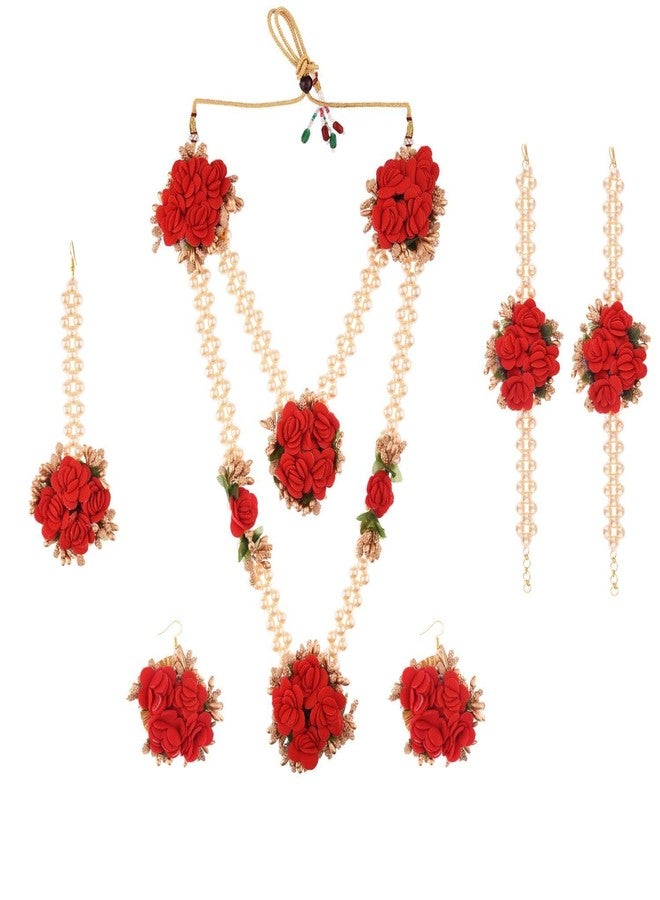 Efulgenz Indian Haldi Jewellery Set Flower Floral Handcrafted Indian Jewelry Set Flower Jewelry Set Strand Necklace Red Flower Hook Earrings Maang Tikka Bracelet Set - Image 1