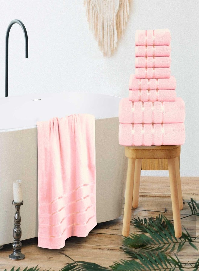 YRALY Luxury Pink Towel Set of 8-2 Bath Towels 2 Hand Towels 4 Washcloths - 600 GSM 100% Cotton Ring Spun Viscose Border Towels Set - Light Pink - Image 4