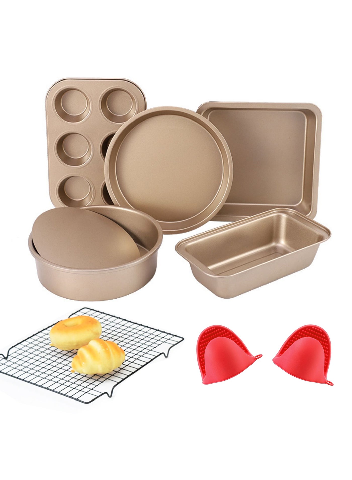 EYSOO Nonstick Bakeware Set 7 PCS Baking Pans Set- Pizza Tray, Round/Square Pans, Loaf Pan, 6-Cup Muffin Pan Carbon Steel Baking Trays Oven Trays for Bakers Beginners with Rack & Mitts (Golden)