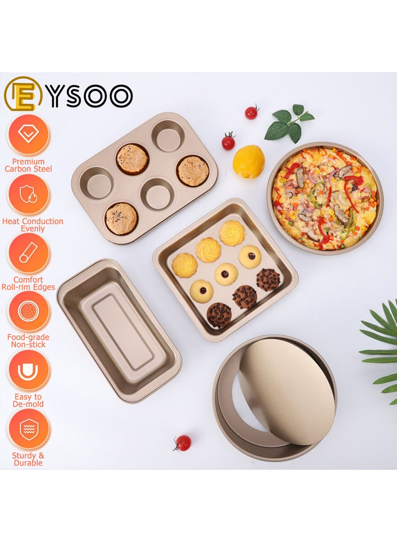EYSOO EYSOO Nonstick Bakeware Set 7 PCS Baking Pans Set- Pizza Tray, Round/Square Pans, Loaf Pan, 6-Cup Muffin Pan Carbon Steel Baking Trays Oven Trays for Bakers Beginners with Rack & Mitts (Golden)  - Image 2