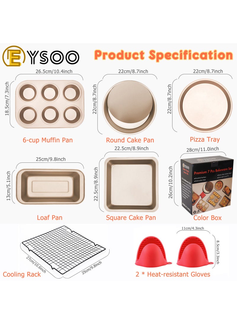 EYSOO EYSOO Nonstick Bakeware Set 7 PCS Baking Pans Set- Pizza Tray, Round/Square Pans, Loaf Pan, 6-Cup Muffin Pan Carbon Steel Baking Trays Oven Trays for Bakers Beginners with Rack & Mitts (Golden)  - Image 3
