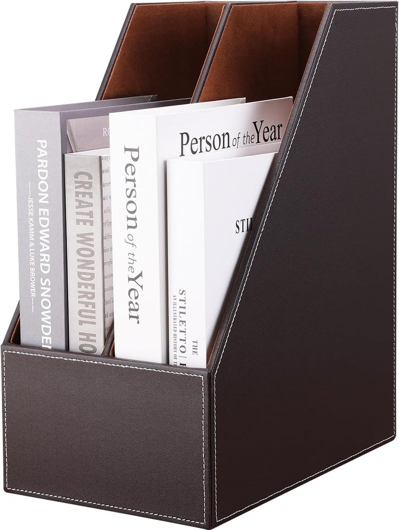KINGFOM Wooden Leatherette Desktop File Folder Organizer and Document File Stand Journals Magazine Rack 2 Slots (brown) - Image 1