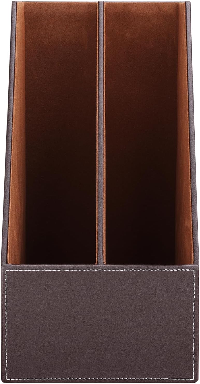 KINGFOM Wooden Leatherette Desktop File Folder Organizer and Document File Stand Journals Magazine Rack 2 Slots (brown) - Image 4