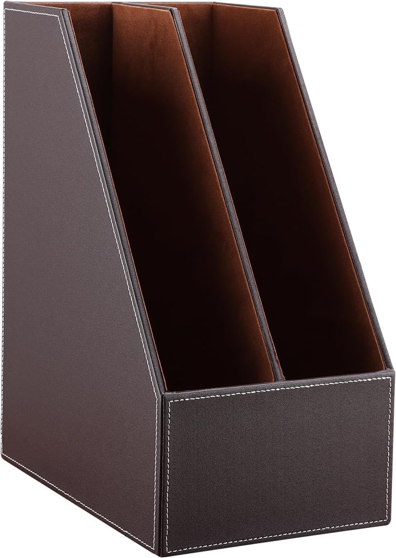 KINGFOM Wooden Leatherette Desktop File Folder Organizer and Document File Stand Journals Magazine Rack 2 Slots (brown) - Image 5