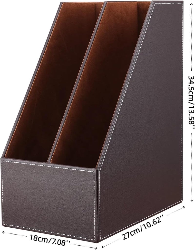 KINGFOM Wooden Leatherette Desktop File Folder Organizer and Document File Stand Journals Magazine Rack 2 Slots (brown) - Image 3