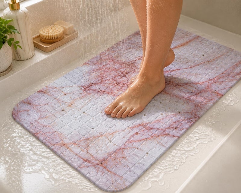 Non-Slip PVC Bathtub Mat 58 x 35 cm – Waterproof Bath Shower Mat with Suction Cups & Drain Holes, Anti-Slip Bathroom Safety Mat, Quick Dry, Machine Washable,Rose Marble - Image 2