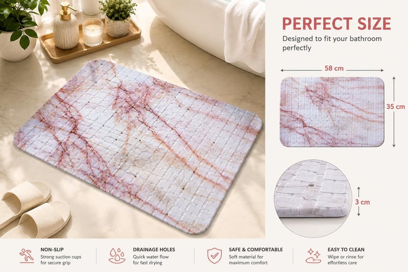 Non-Slip PVC Bathtub Mat 58 x 35 cm – Waterproof Bath Shower Mat with Suction Cups & Drain Holes, Anti-Slip Bathroom Safety Mat, Quick Dry, Machine Washable,Rose Marble - Image 3