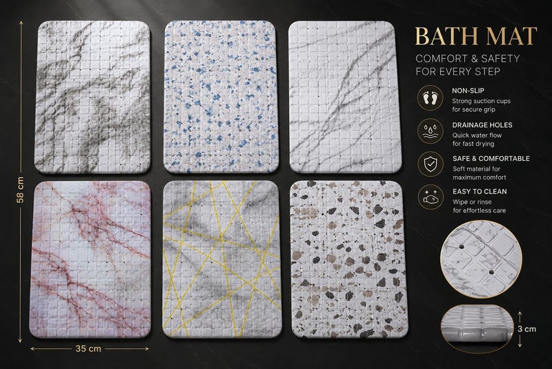 Non-Slip PVC Bathtub Mat 58 x 35 cm – Waterproof Bath Shower Mat with Suction Cups & Drain Holes, Anti-Slip Bathroom Safety Mat, Quick Dry, Machine Washable,Rose Marble - Image 4